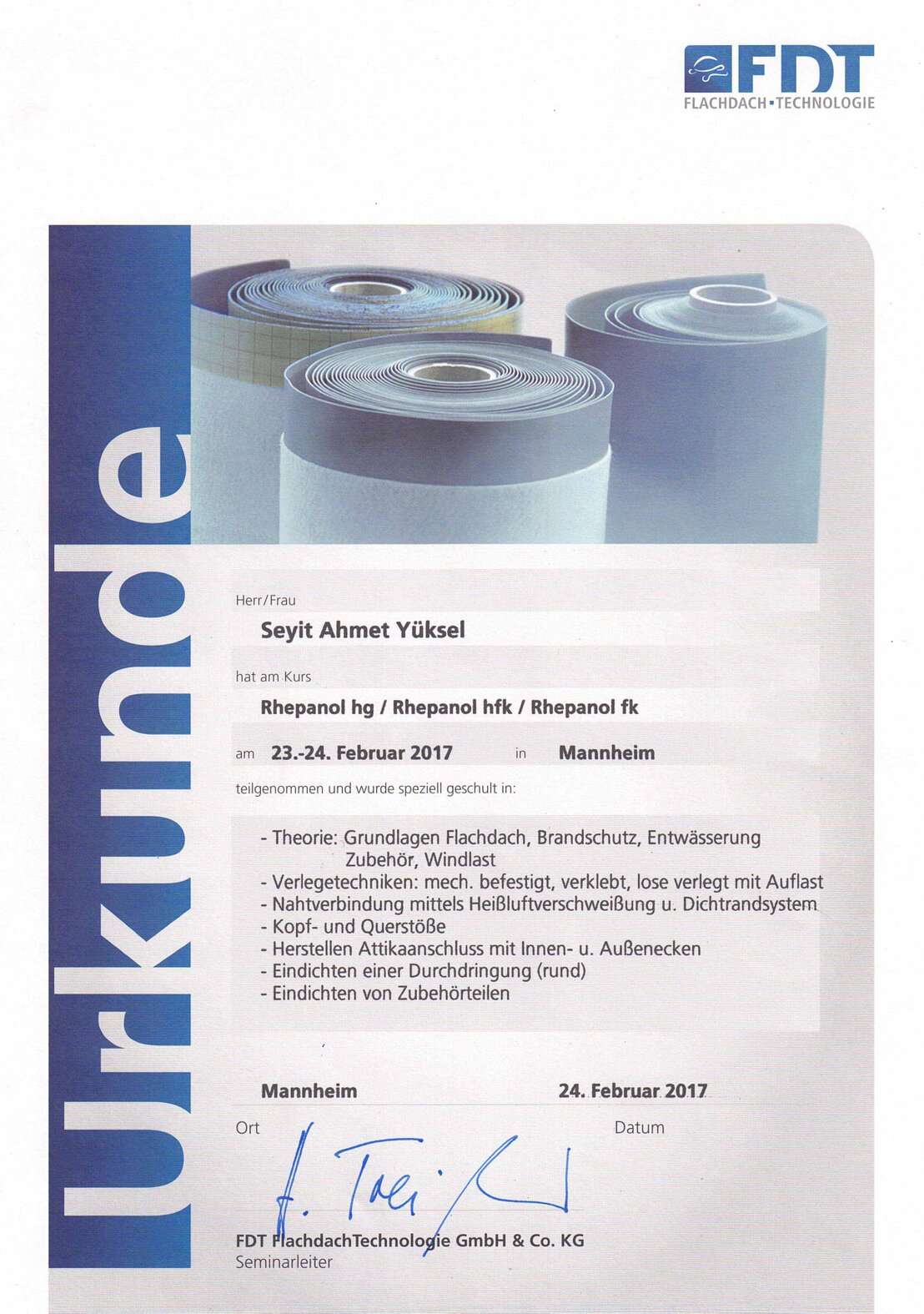 Urkunde für Verlegetechniken mit Dachbahnen